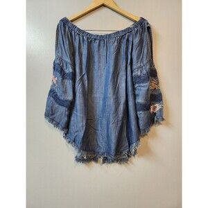 Chelsea & Theodore Shirt Size Large Blue Embroidered Boho Cottage Peasant Top